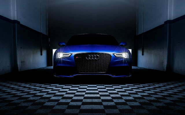 Blue car dark garage checkered free wallpaper for desktop - medium preview image
