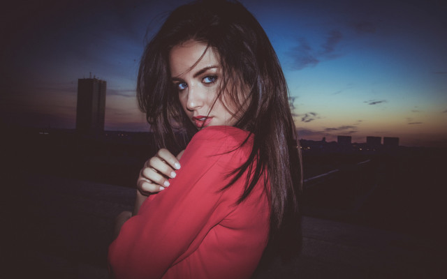 Woman red shirt sunset blowing free wallpaper for desktop - medium preview image