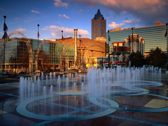 Fountain plaza city sunset dawn free wallpaper for desktop - medium preview image