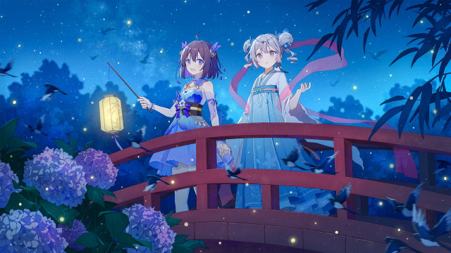 Anime girls bridge night lantern free wallpaper for desktop - medium preview image