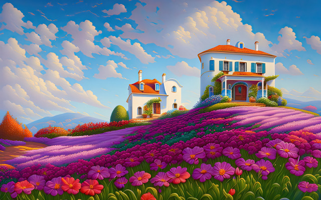 House hill flowers digital painting free wallpaper for desktop - medium preview image