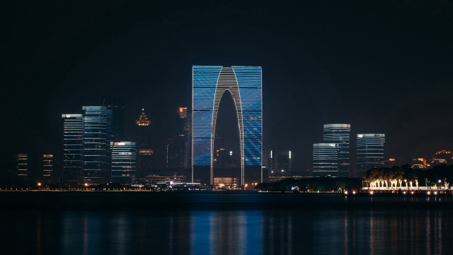 City skyline night reflection tower free wallpaper for desktop - medium preview image