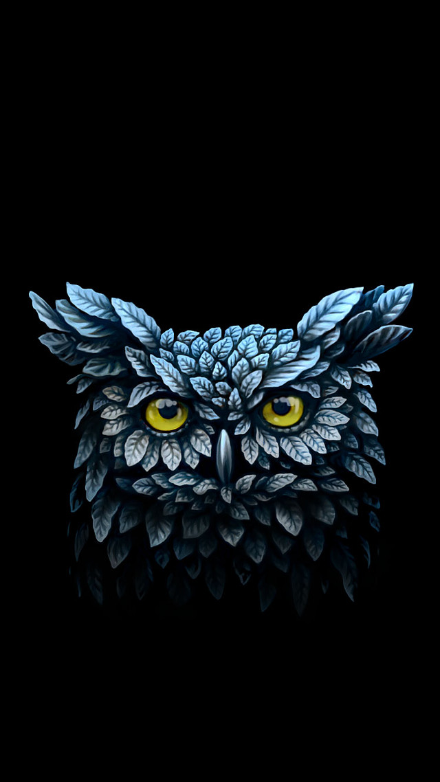 Owl yellow eyes leaves dark free wallpaper for mobile - medium preview image