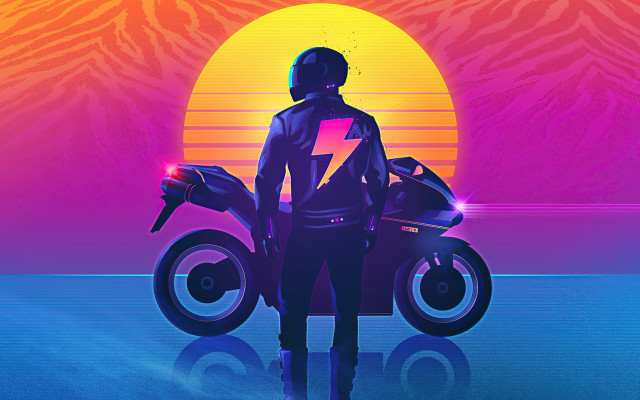 Motorcycle sunset mountains retrofuturism synthwave free wallpaper for desktop - medium preview image