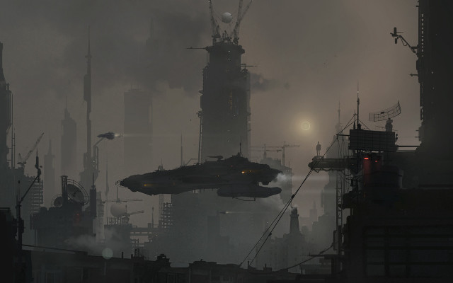 Futuristic city spaceship smoke retrofuturism free wallpaper for desktop - medium preview image
