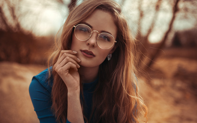 Woman glasses field trees dirt free wallpaper for desktop - medium preview image