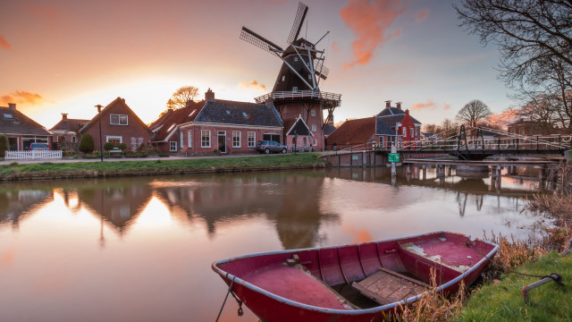 Boat shore river windmill houses free wallpaper for desktop - medium preview image