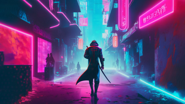 Neon city cyberpunk man coat free wallpaper for desktop - medium preview image
