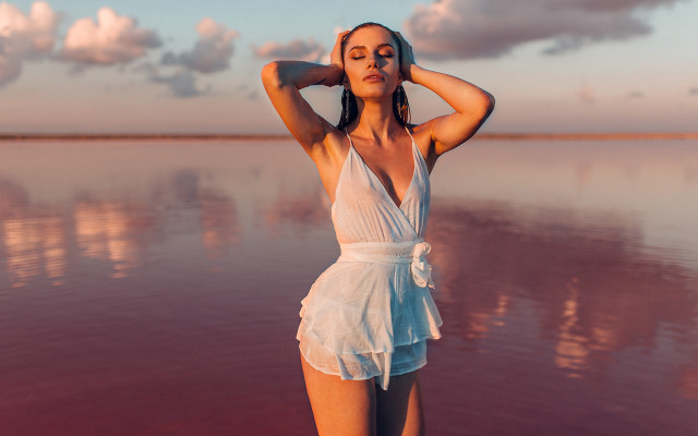 Woman beach dusk clouds ocean free wallpaper for desktop - medium preview image