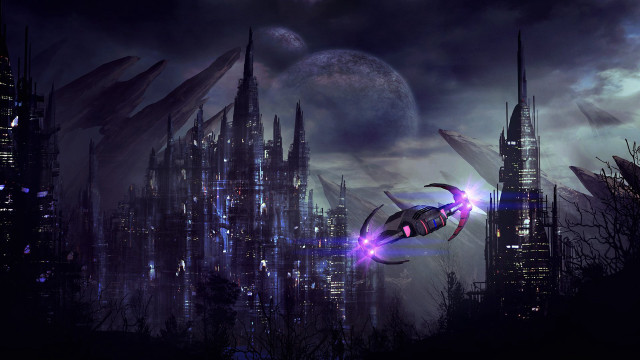Futuristic city spaceship night sky free wallpaper for desktop - medium preview image