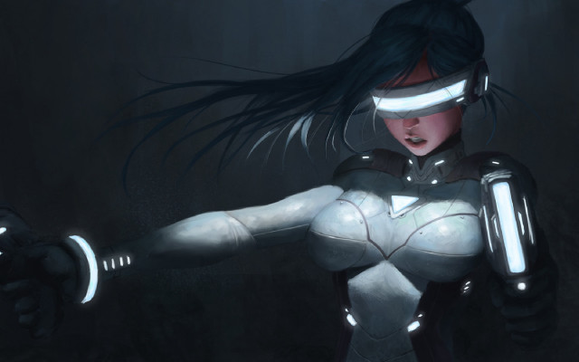 Futuristic woman cyberpunk armor gun free wallpaper for desktop - medium preview image