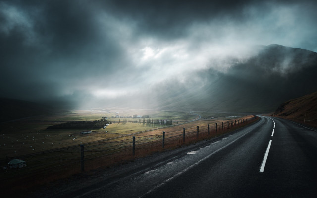 Road fence field sheep mountain free wallpaper for desktop - medium preview image