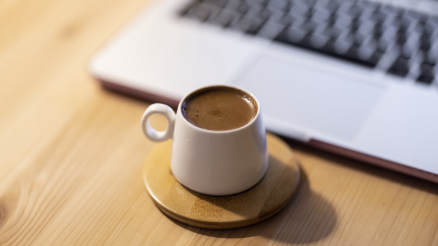 Coffee cup saucer laptop keyboard free wallpaper for desktop - medium preview image