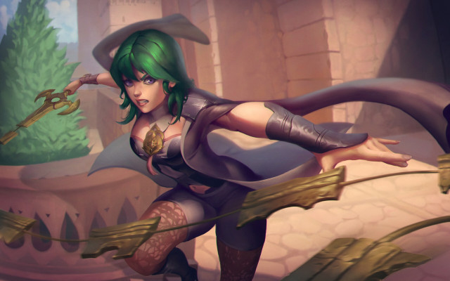 Green hair sword fantasy heroine free wallpaper for desktop - medium preview image