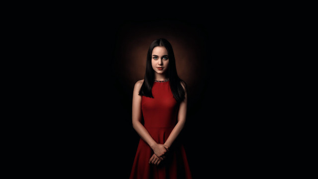 Red dress woman dark background free wallpaper for desktop - medium preview image