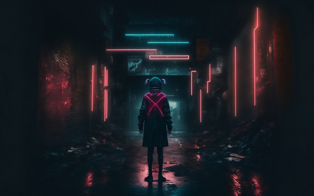 Neon hallway elsa bleda cyberpunk free wallpaper for desktop - medium preview image