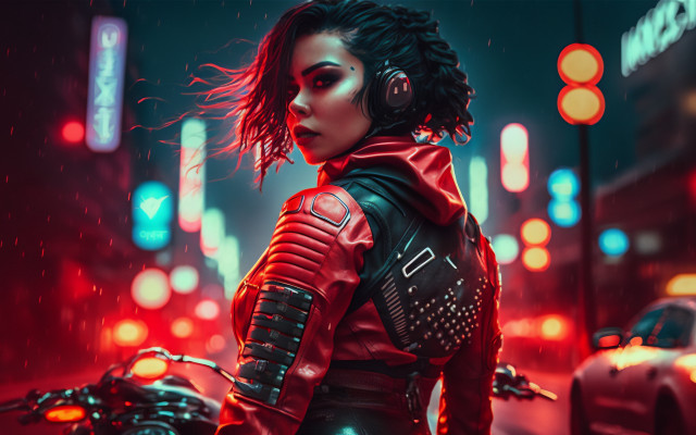Woman red leather rain motorcycle #2 free wallpaper for desktop - medium preview image