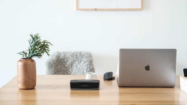 Laptop wooden desk plant phone free wallpaper for desktop - medium preview image