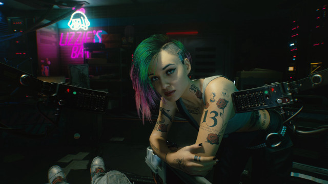 Green hair tattoos cyberpunk portrait free wallpaper for desktop - medium preview image