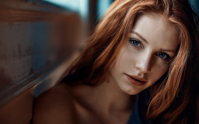 Red haired woman portrait blue #2 free wallpaper for desktop - medium preview image