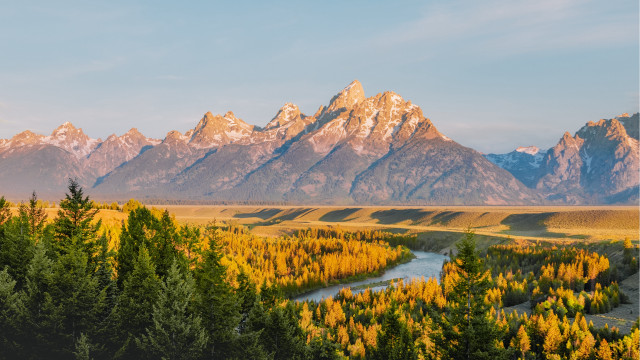 River forest mountain autumn sunset free wallpaper for desktop - medium preview image