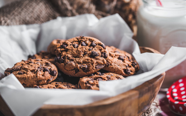 Chocolate chip cookies milk red free wallpaper for desktop - medium preview image