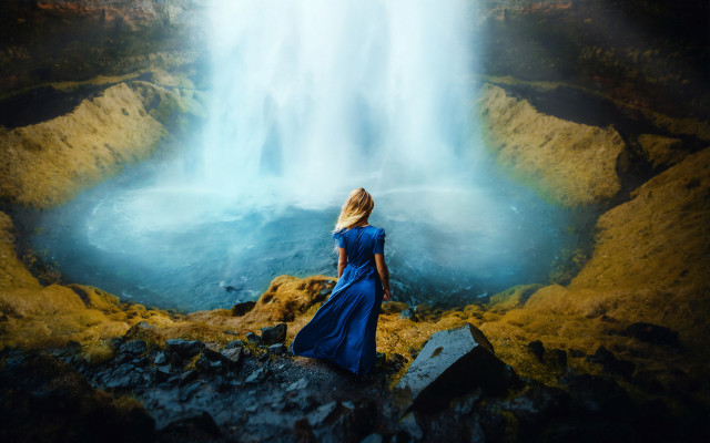 Woman blue dress waterfall rainbow free wallpaper for desktop - medium preview image