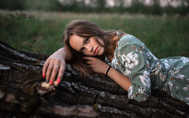 Woman tree field blurry portrait free wallpaper for desktop - medium preview image