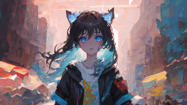 Anime girl blue eyes cat free wallpaper for desktop - medium preview image
