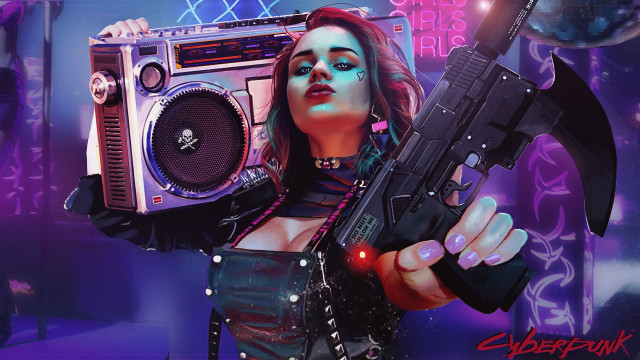 Woman boombox gun cyberpunk synthwave free wallpaper for desktop - medium preview image