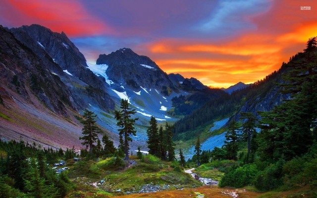 Mountain landscape stream sunset red free wallpaper for desktop - medium preview image