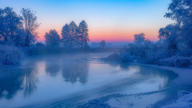 River frozen bank trees sunset free wallpaper for desktop - medium preview image