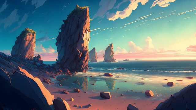 Beach rocks water sky clouds #2 free wallpaper for desktop - medium preview image