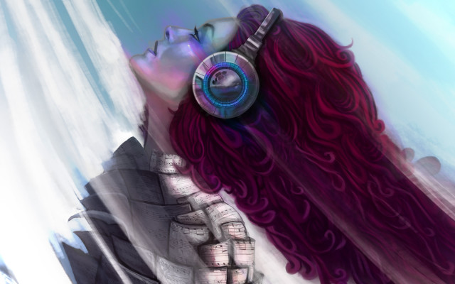 Woman headphones looking into distance free wallpaper for desktop - medium preview image