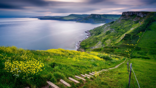 Grassy hillside stairs lake cliff free wallpaper for desktop - medium preview image