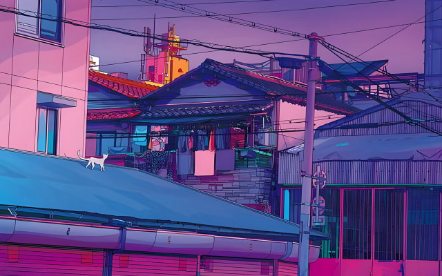 City cat clocktower cyberpunk scenery free wallpaper for desktop - medium preview image