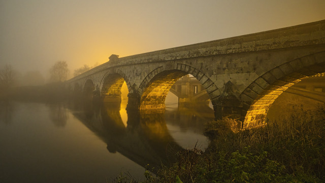 Bridge foggy river romanesque matte free wallpaper for desktop - medium preview image