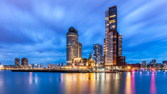 City skyline water night blue free wallpaper for desktop - medium preview image