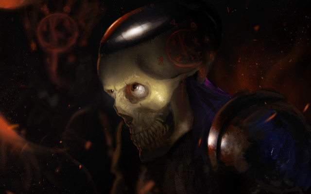 Skull helmet sword fire background free wallpaper for desktop - medium preview image