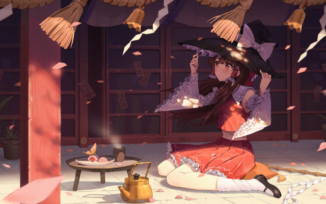 Woman sitting hat umbrella teapot free wallpaper for desktop - medium preview image