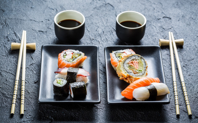 Sushi plates coffee chopsticks food free wallpaper for desktop - medium preview image