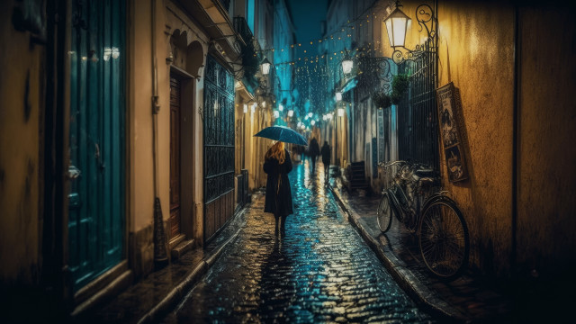 Rainy night couple umbrella cityscape free wallpaper for desktop - medium preview image