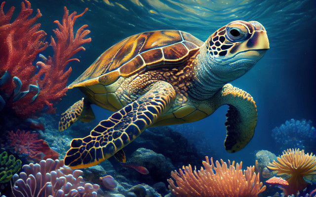 Turtle ocean corals seaweed photorealism free wallpaper for desktop - medium preview image