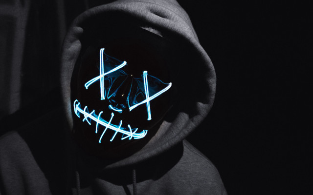 Neon mask dark hoodie character free wallpaper for desktop - medium preview image