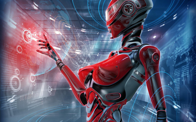 Robot red light futuristic cityscape free wallpaper for desktop - medium preview image