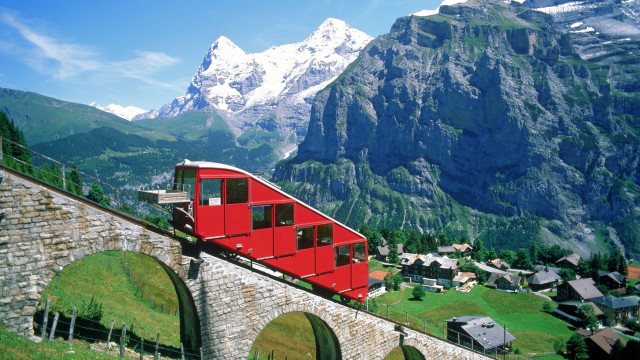 Red train bridge mountains mountain free wallpaper for desktop - medium preview image