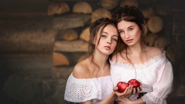 Two women white dresses apples free wallpaper for desktop - medium preview image