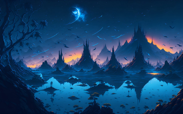Lake mountains night moon fantasy free wallpaper for desktop - medium preview image