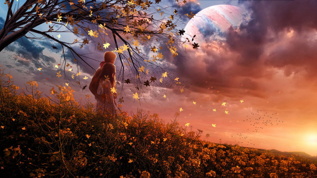 Painting person field tree sunset free wallpaper for desktop - medium preview image