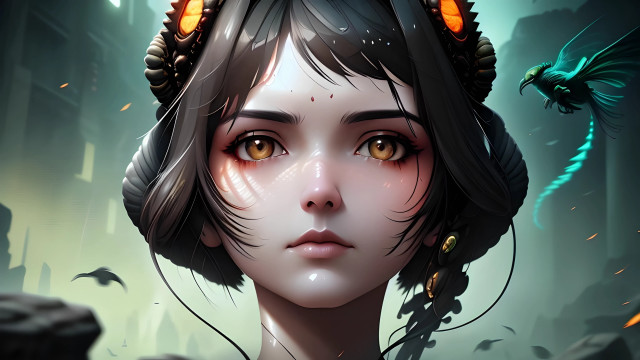 Woman dragonheadpiece darkcity bird fantasy free wallpaper for desktop - medium preview image